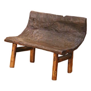 Early 20th Century French Rustic Hand-Carved Oak Bench From the Alps For Sale