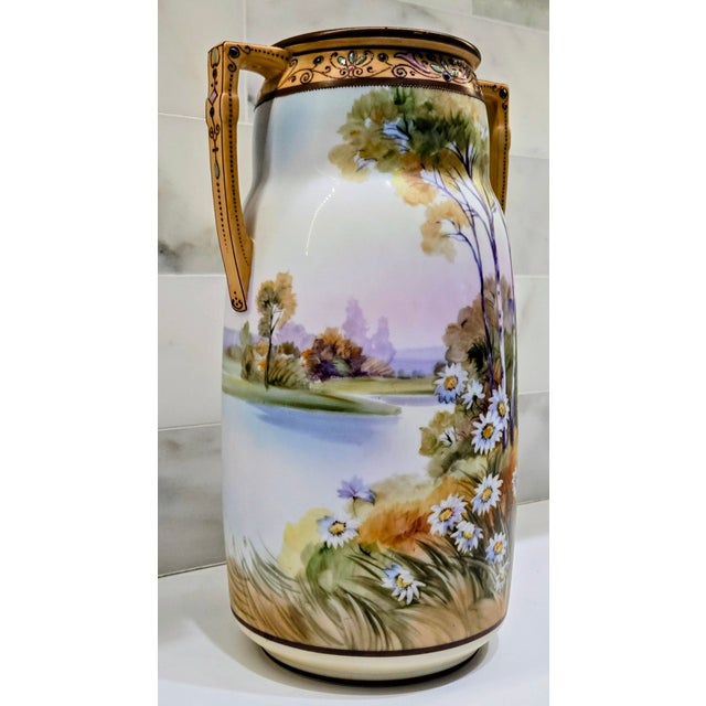 Japanese Antique Art Nouveau Hand-Painted Nippon Morimura Daisy Landscape Vase For Sale - Image 3 of 15