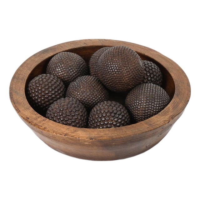 Wooden Bowl With 9 French Iron Boules For Sale