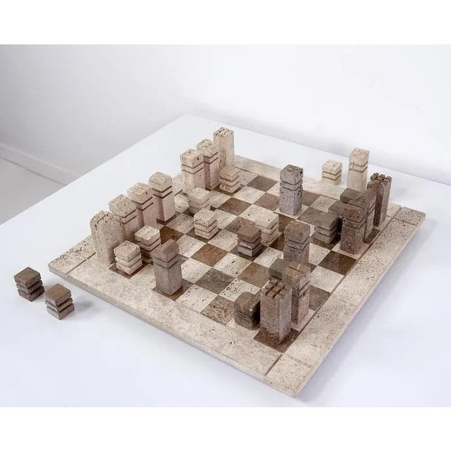 Modernist Chess Game in Two Colored Travertine, Italy, 1970s For Sale - Image 5 of 13