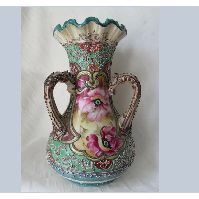 Art Deco Antique Asian Nippon, Moriage Hand Painted Vase With Poppy Flowers For Sale - Image 3 of 7