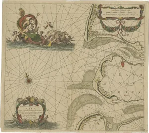 Original Antique Sea Chart of the Maas or Meuse River with Neptunes, 1684