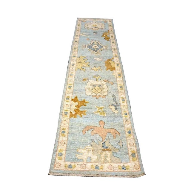 21st Century Turkish Oushak Wool 2X10 Gold, Light Blue & Ivory Handmade Runner Rug #1144116 For Sale - Image 9 of 11