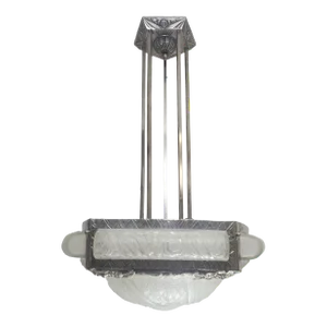 Early 20th Century Art Deco Five Sided Frosted Art Glass and Nickeled Iron Pentagonal Shaped Chandelier by Schneider