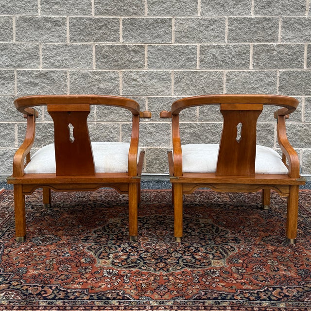 Wood Vintage Schnadig James Mont / Ming Style Horseshoe Chairs in Maple & Brass - A Pair For Sale - Image 7 of 18
