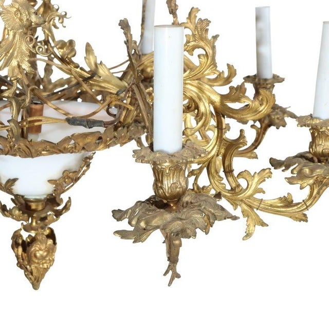 French Antique French Louis XIV Gilt Bronze & Opaline Glass Candelabra Chandelier 19thC For Sale - Image 3 of 10
