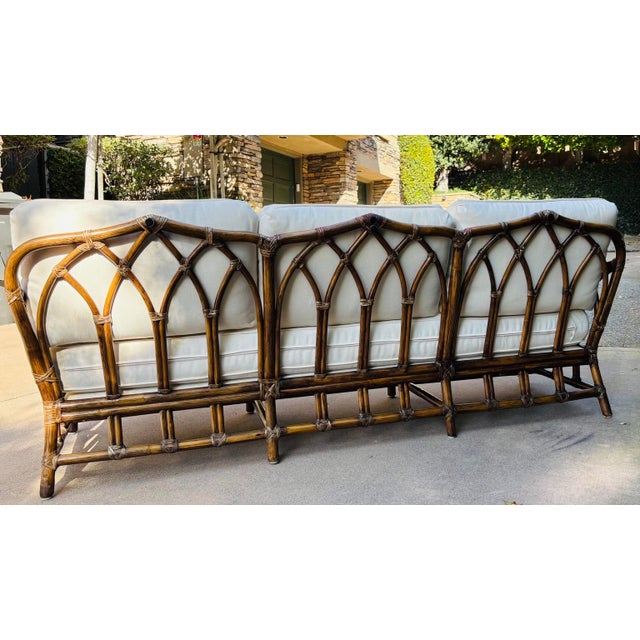 McGuire Authentic Vintage 60s McGuire Gothic Rattan Sofa With Placard and Patent Number For Sale - Image 4 of 5