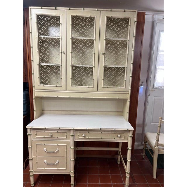 Wood Thomasville Allegro Faux Bamboo Desk With Bookcase Hutch Top and Chair For Sale - Image 7 of 18