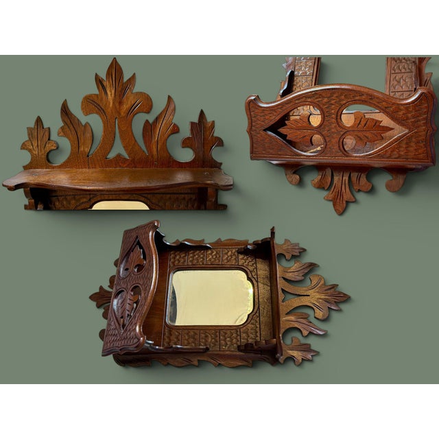 Antique Victorian Eastlake Wall Mirror Pocket Shelf-Carved Walnut-Gothic Hall For Sale - Image 6 of 11