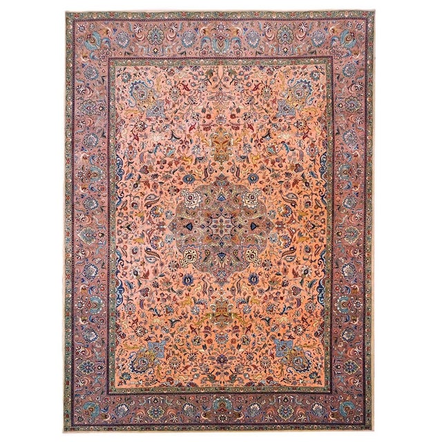 Antique Persian Tabriz Pahlavi Wool 10x13 Salmon, Rose & Blue Handmade Area Rug #9902599 For Sale