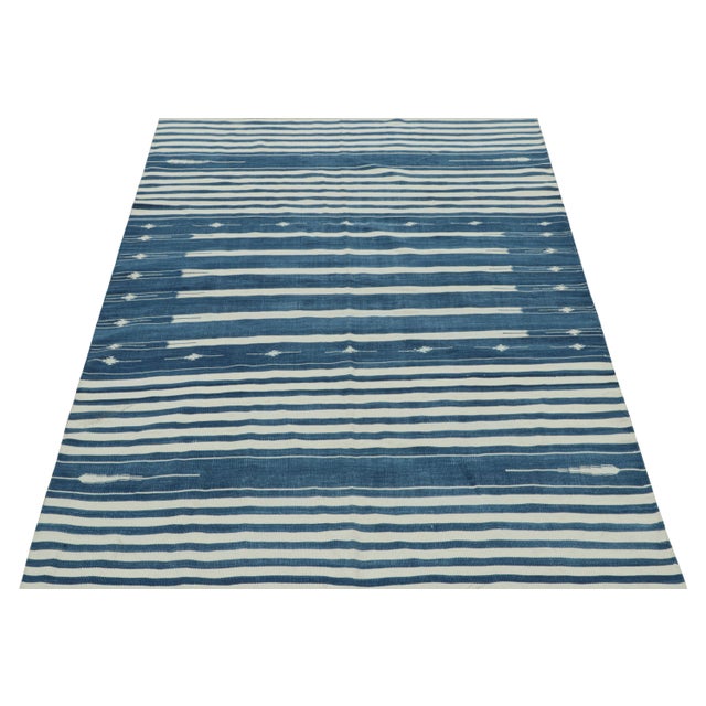 Boho Chic Rug & Kilim's Contemporary Dhurrie Rug with White and Blue Stripes - 14x20 For Sale - Image 3 of 8