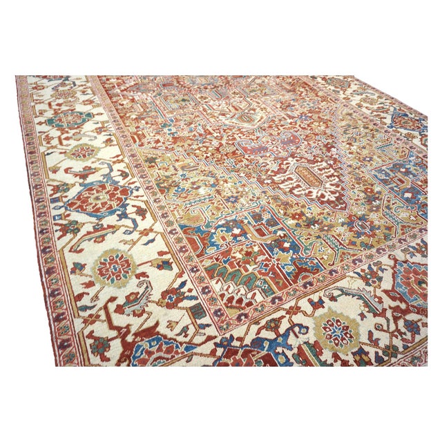 Antique Persian Heriz Wool 11X19 Rust, Ivory & Blue Handmade Area Rug #1140939 For Sale - Image 9 of 17
