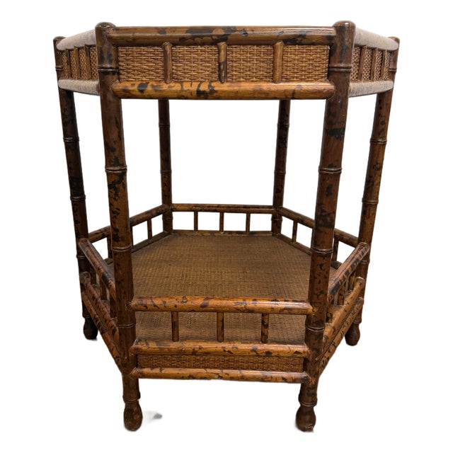 Vintage British Colonial Style Two Tier Hexagonal Side Table For Sale