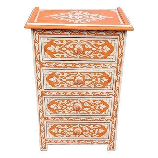 Hand‑Painted Moroccan Nightstand / Orange and White Zoua9 Woodwork For Sale