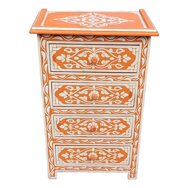 Hand‑Painted Moroccan Nightstand / Orange and White Zoua9 Woodwork For Sale