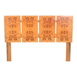 Milo Baughman Style Burled Olive Wood Queen Size Headboard For Sale