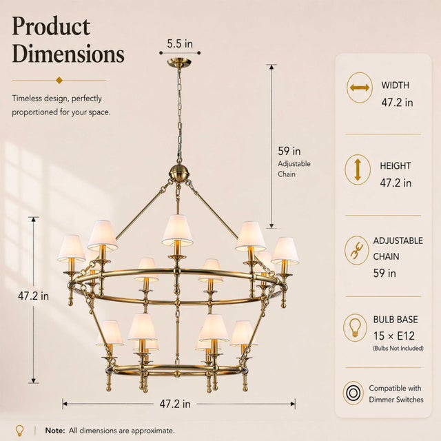 Bring timeless elegance to your home with this 47-inch large 2-tier brass chandelier, designed to create a stunning focal...