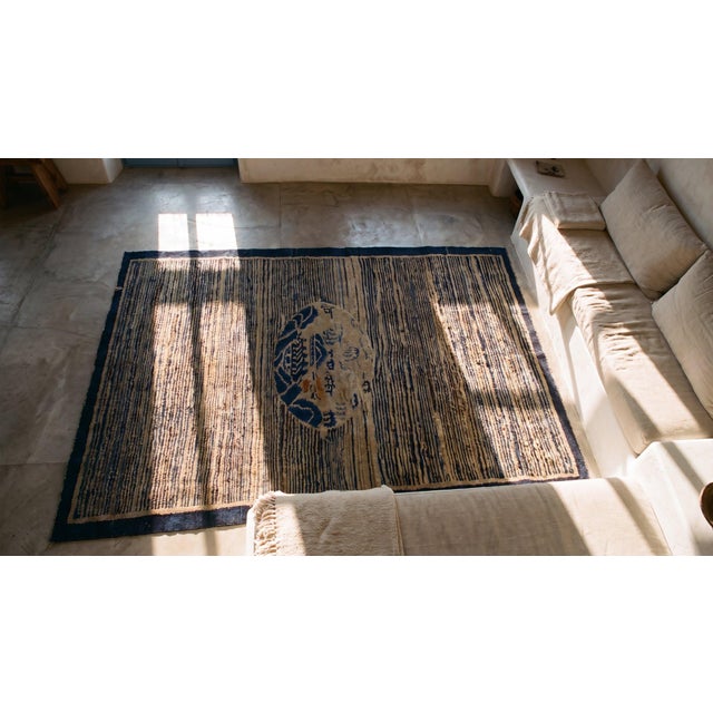 1920s Navy Stripe Medallion Antique Chinese Peking Rug 2' 7''x4' 8'' Knotted Wool Carpet For Sale - Image 12 of 12