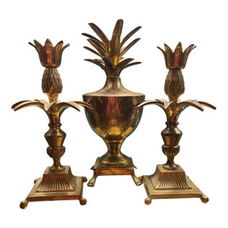 Mid Century Modern Brass Pineapple Compote & Candlesticks For Sale