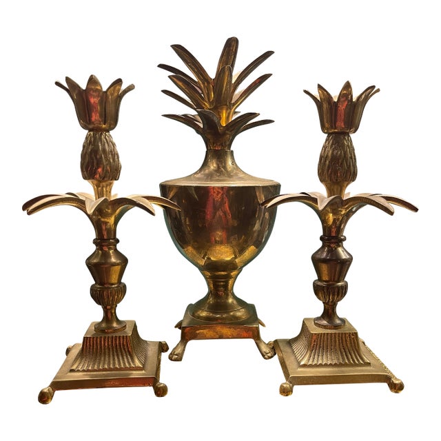 Mid Century Modern Brass Pineapple Compote & Candlesticks For Sale