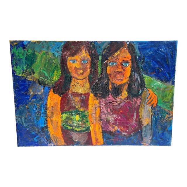 Late 20th Century Vintage Fauvist Figurative Painting of Mother & Daughter For Sale