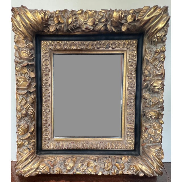 Rococo Ornate Gold and Black Deeply Carved Vintage Mirror For Sale - Image 3 of 17