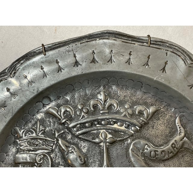 Metal Antique 18th Century Tooled Latin Handmade Armorial Pewter Plaque Relief Plate For Sale - Image 7 of 13