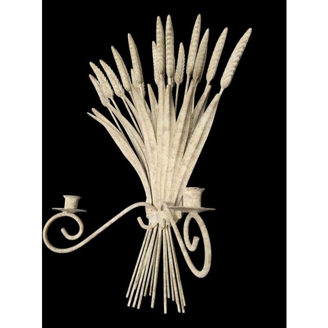 Frederick Cooper Vintage Metal Sheaf of Wheat Beige 2 Arm Candle Wall Holder For Sale - Image 4 of 7