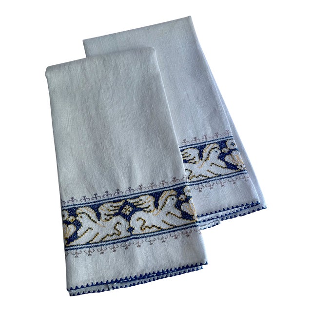 Vintage Pair Embroidered Blue & White Linen "Griffin" Hand Towels For Sale