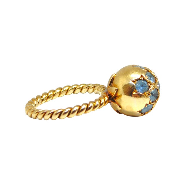 Contemporary Vintage 18k Yellow Gold Blue Zircon Ball Ring, Size 6 For Sale - Image 3 of 10