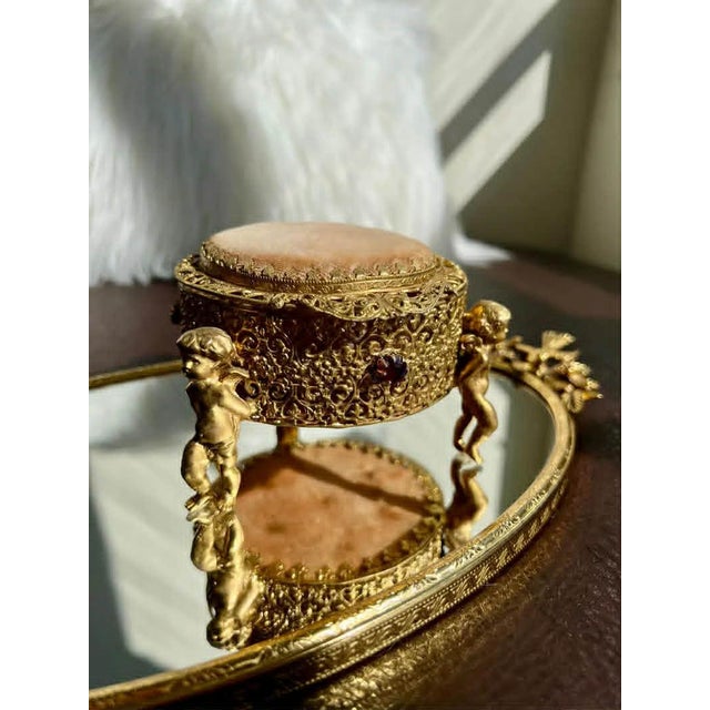 Three Footed Cherub Round StyleBuilt Style Vintage Design Jewelry Casket/ Box With Pink Plush on the Top and Inside & Burgundy Red Stones Decoration For Sale - Image 10 of 11