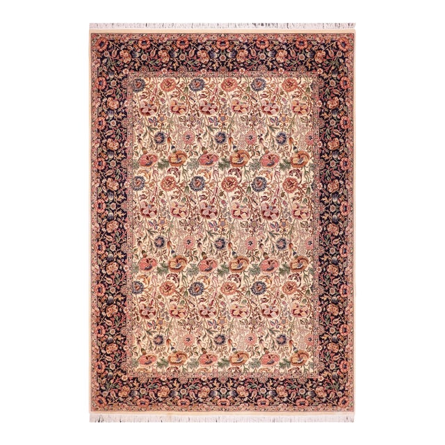 Shabby Chic Floral 1990's Pak-Persian Ivory/Blue Wool Rug - 9'0'' X 11'11'' For Sale