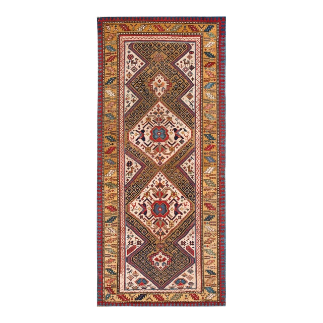 1870s Multicolor Diamond Tribal Antique Caucasian Rug 3'8" X 7'9" Handknotted Wool Carpet For Sale