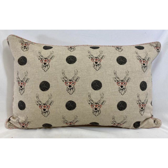 Whimsical Reindeer Wearing Red Glasses Christmas Themed Bolster Pillow With Candy Stripe Back - Made in U K For Sale - Image 9 of 9