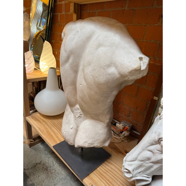 Striking classical-style male torso sculpture inspired by ancient Greco-Roman art. Crafted in a textured stone or plaster...