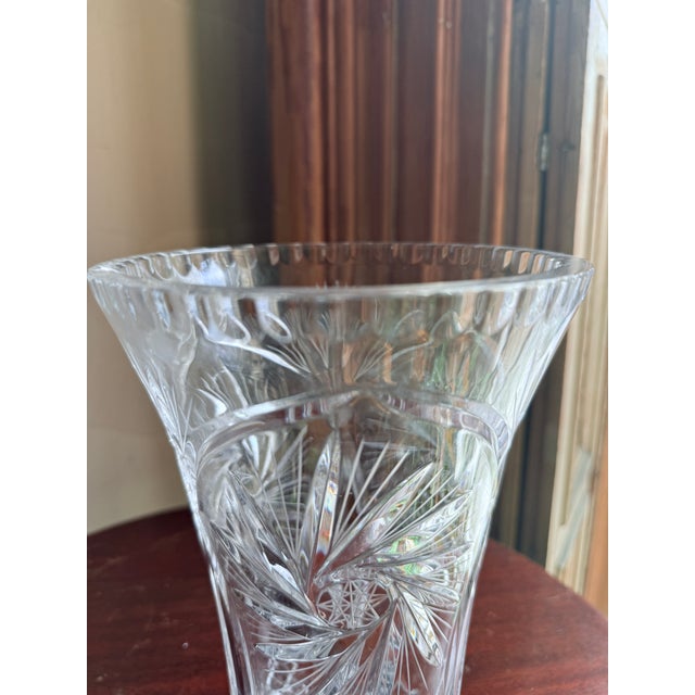 Transparent Mid-20th Century Bohemian Cut Crystal Vase Pinwheel Starburst Pattern Scalloped Rim For Sale - Image 8 of 8