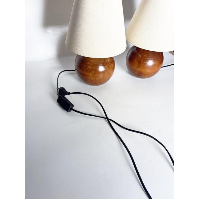 Brown Round Wooden Table Lamps with Lampshades, France, 1970s, Set of 2 For Sale - Image 8 of 18
