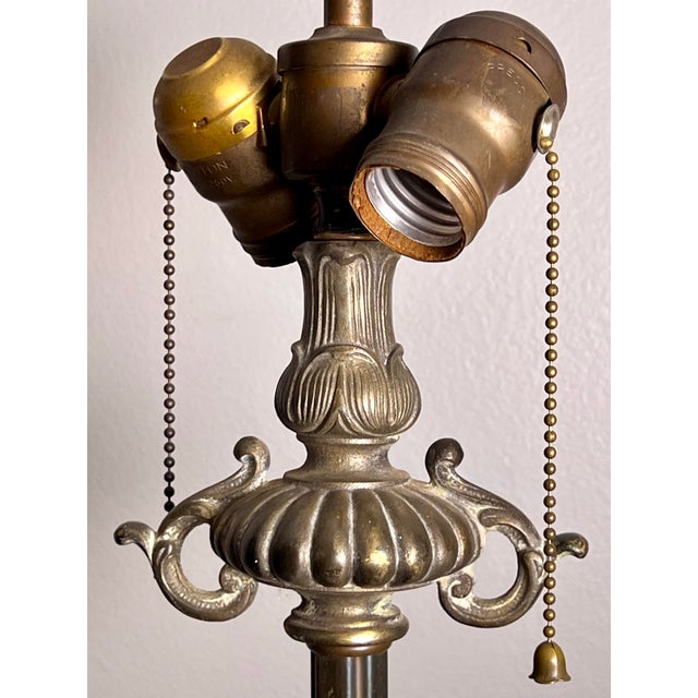 Brass Antique French Neoclassical Tall Columnar Gilt Iron Two Light Table Lamp For Sale - Image 8 of 17