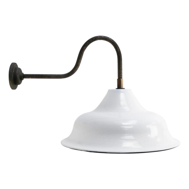Vintage Industrial White Enamel and Cast Iron Goose-Neck Wall Light For Sale