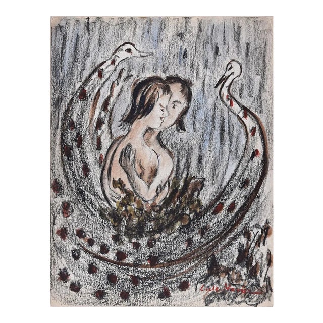 Peacocks - Original Mixed Media on Paper by Lucie Navier - 1930s 1930s For Sale