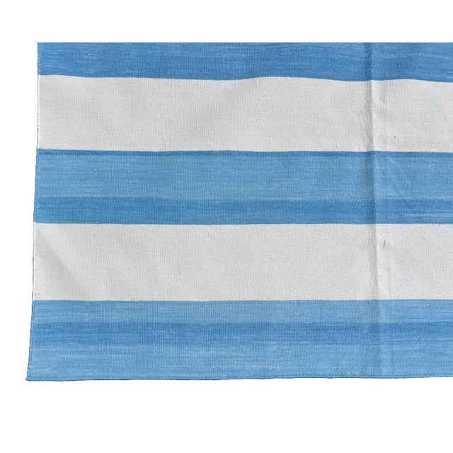 Handmade Cotton Area Rug, Natural Vegetable Dyed, Sky Blue and White Striped Dhurrie - 10'x14' For Sale - Image 10 of 12