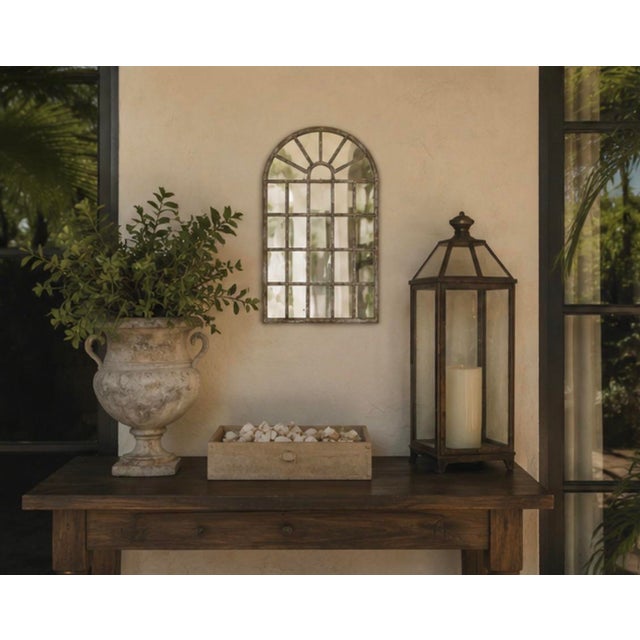 Vintage Arched Iron Windowpane Wall Mirror – White-Washed Gray For Sale - Image 10 of 12