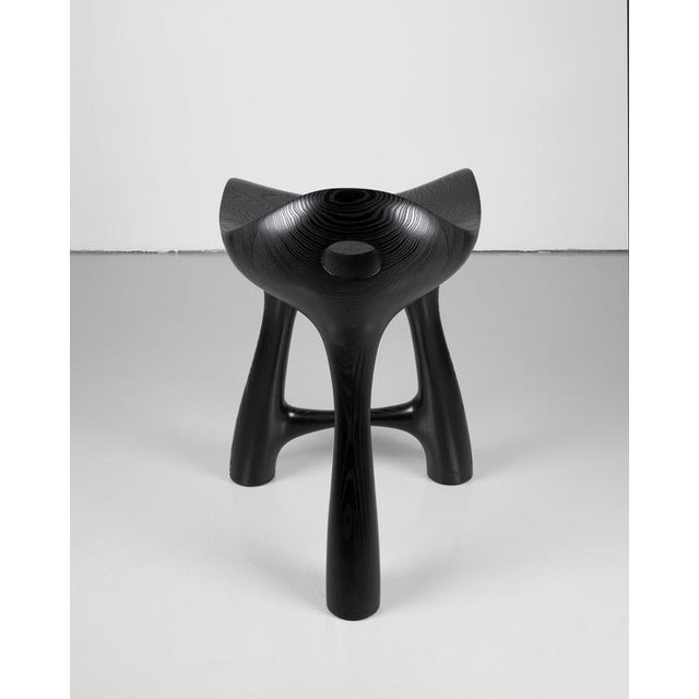 Tripod Stool in Black-Stained & Varnished Solid Ash by Maxime Goléo One of a Kind. Dimensions: D 49 x W 52 x H 76 cm....