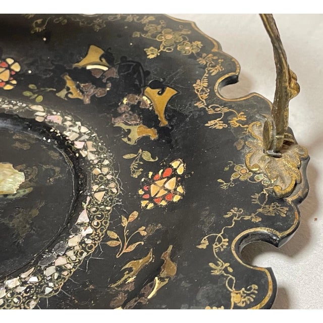 Antique 1800's Inlaid Mother of Pearl Bronze Paper Mache French Centerpiece Dish For Sale - Image 9 of 13
