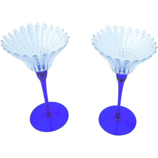 Vintage Large Blue-Stemmed Crystal Candle Holders - Set of 2 For Sale - Image 4 of 8