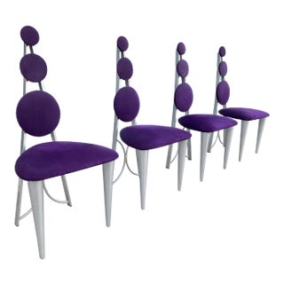 Memphis Style Dining Chairs in Purple & Green Microsuede Upholstered Panels For Sale