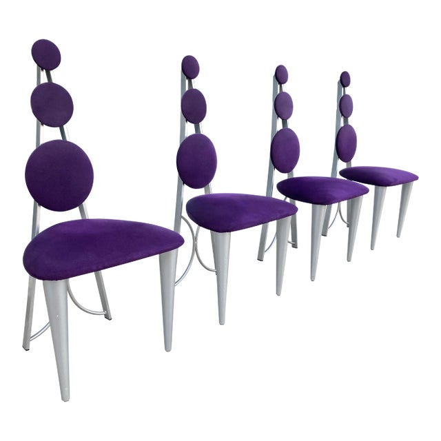Memphis Style Dining Chairs in Purple & Green Microsuede Upholstered Panels For Sale