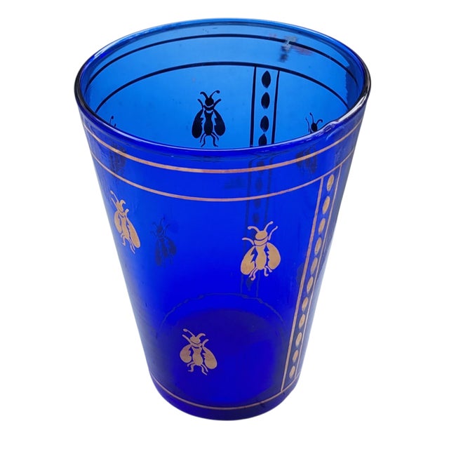Vintage Boho Mid Century Hand Blown Cobalt Blue Glass Vase With Gold Honey Bee Accents For Sale - Image 11 of 18