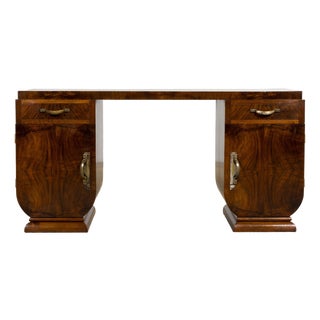French Art Deco Walnut Burl Pedestal Desk, 1930s For Sale