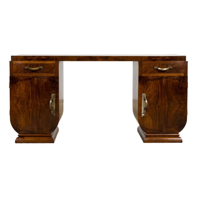 French Art Deco Walnut Burl Pedestal Desk, 1930s For Sale